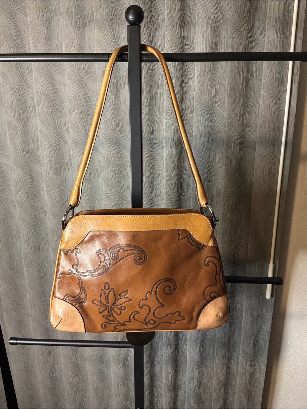 Sharif studio Tooled Brown Leather Shoulder Bag with Tan Accents - Picture 2 of 4